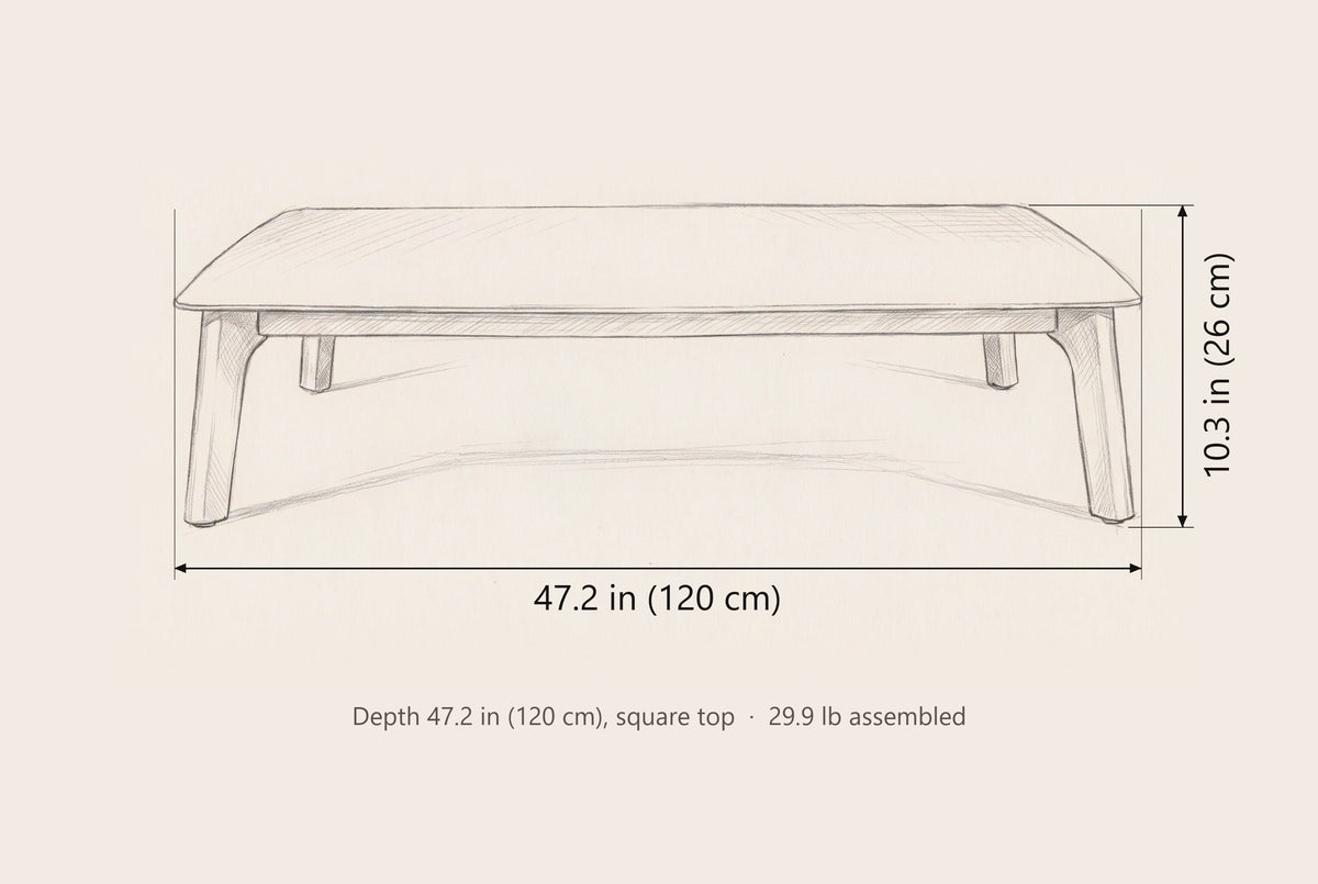 Brucoli coffee table dimensions: 47.2 in wide, 10.3 in high, 47.2 in deep
