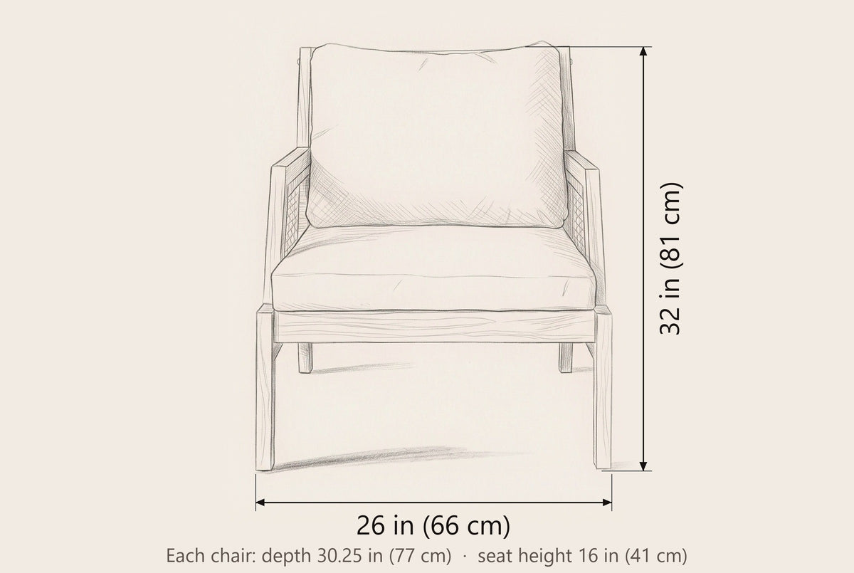 Buccheri club chair dimensions: 26 in wide, 32 in high, 30.25 in deep, seat height 16 in (per chair)