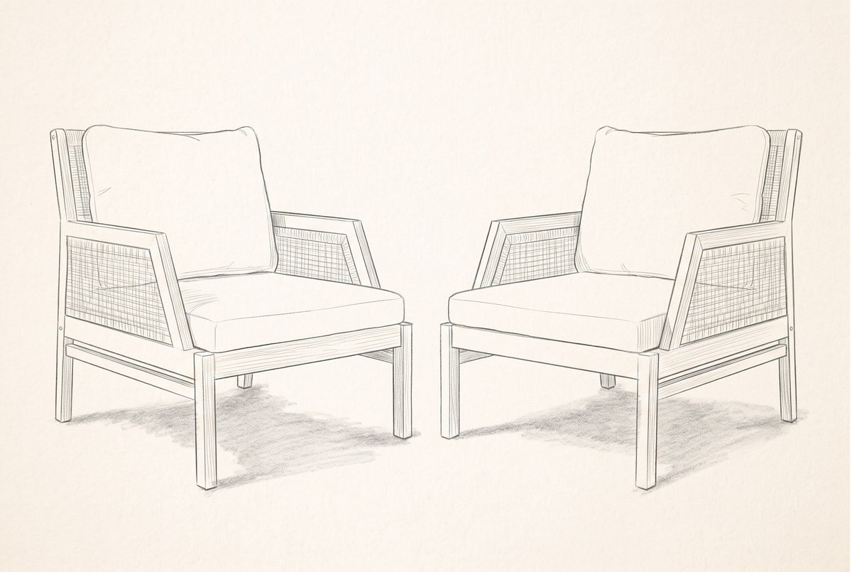 Pencil sketch of the two Buccheri club chairs, three-quarter view