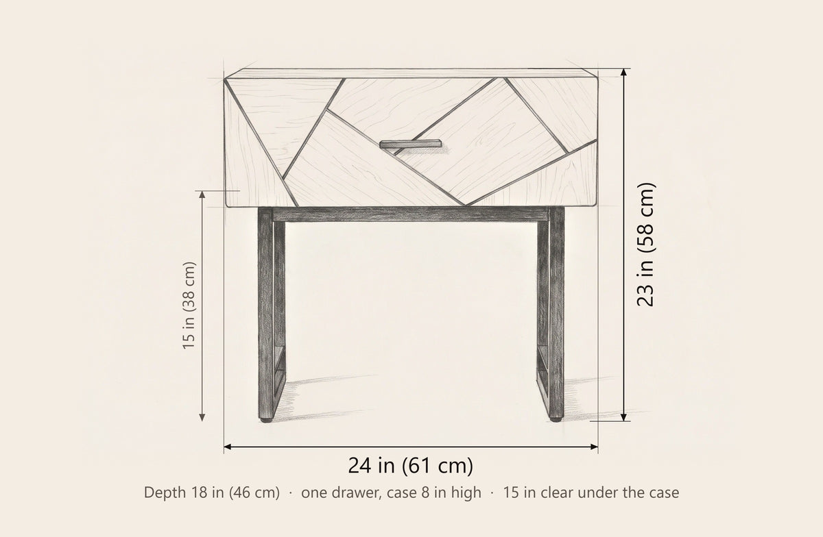 Budoni nightstand dimensions: 24 in wide, 23 in high, 18 in deep, 15 in clear under the case