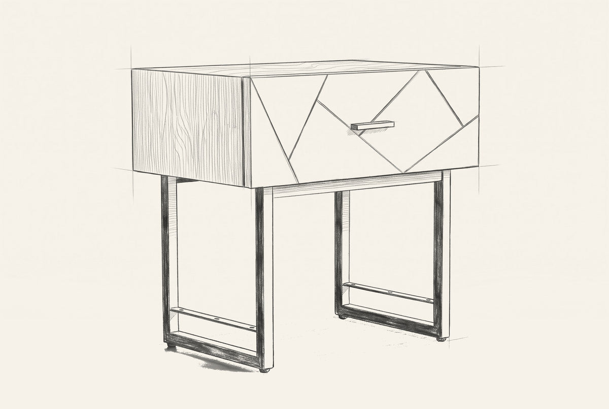 Pencil sketch of the Budoni nightstand, drawn from the same three-quarter view