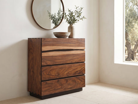 Burano 40-Inch Smokey Walnut 4-Drawer Chest under a round bronze mirror in a villa bedroom