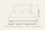 Bussi bed dimensions: Queen 66 in, King 81.75 in, California King 77.5 in wide, 40 in high (California King 39 in), 87 in long (California King 90.6 in), base 10.8 in high
