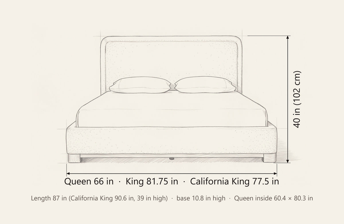 Bussi bed dimensions: Queen 66 in, King 81.75 in, California King 77.5 in wide, 40 in high (California King 39 in), 87 in long (California King 90.6 in), base 10.8 in high