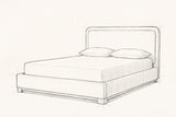 Pencil sketch of the Bussi bed with a mattress and two pillows, drawn from the same three-quarter view
