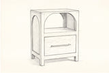 Pencil sketch of the Cabras nightstand, drawn from the same three-quarter view