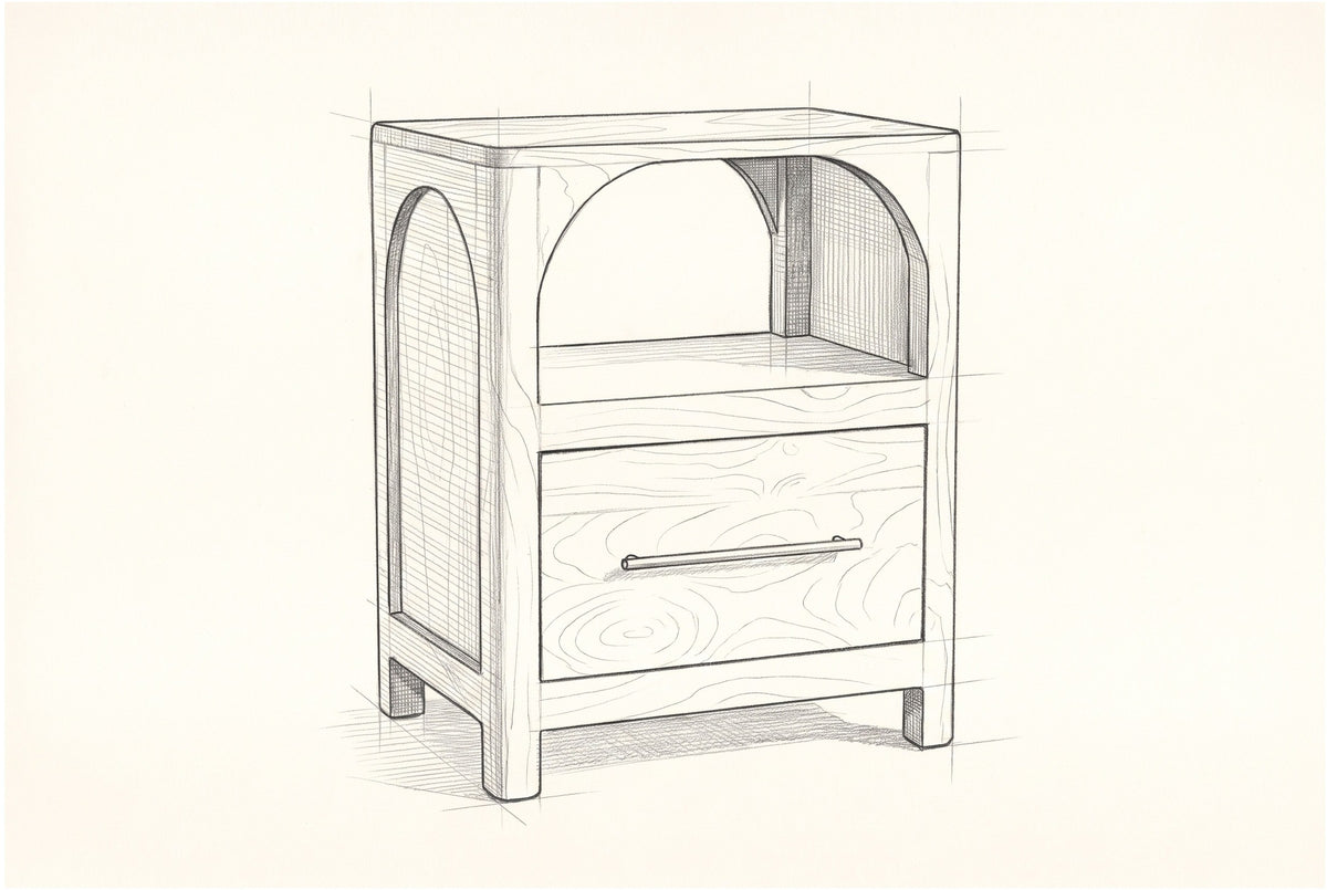 Pencil sketch of the Cabras nightstand, drawn from the same three-quarter view