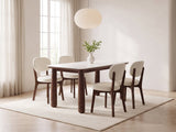 Caccuri 63-Inch Sintered Stone Walnut-Finish Dining Set with 4 Chairs in a bright plaster dining room with linen curtains