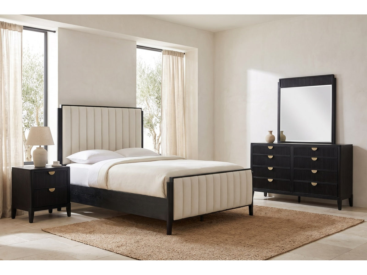 Cagli Black Fluted and Ivory Upholstered Bedroom Set: the whole set