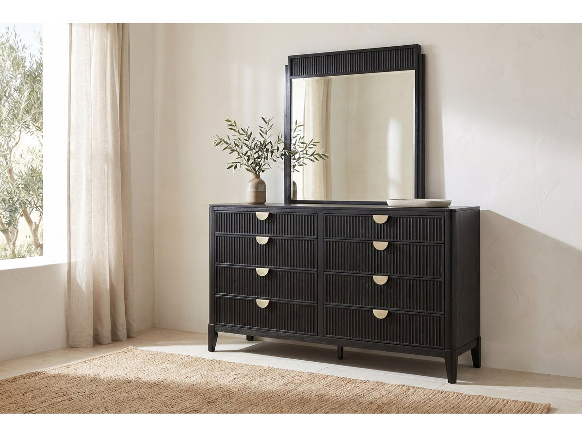 Cagli Black Fluted and Ivory Upholstered Bedroom Set: dresser with its mirror