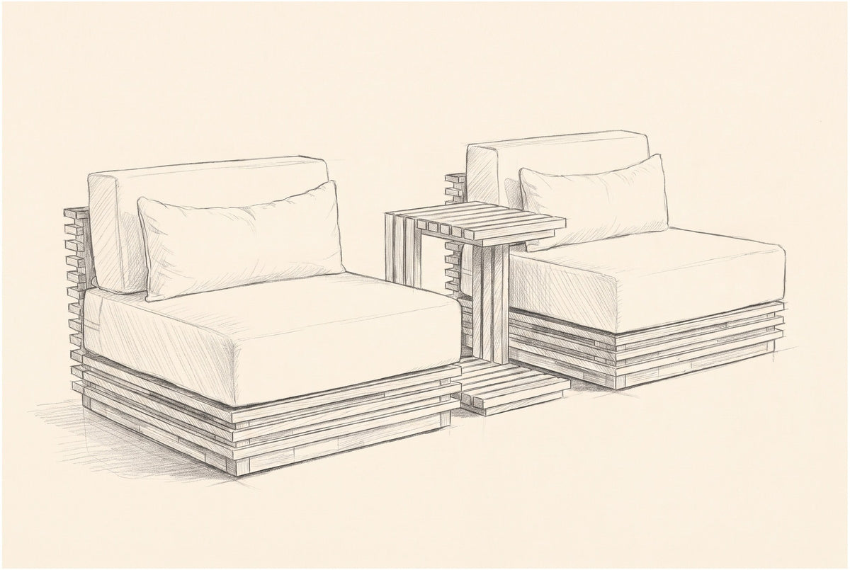Pencil sketch of the Calamosche chat set, two club chairs and the side table in a three-quarter view