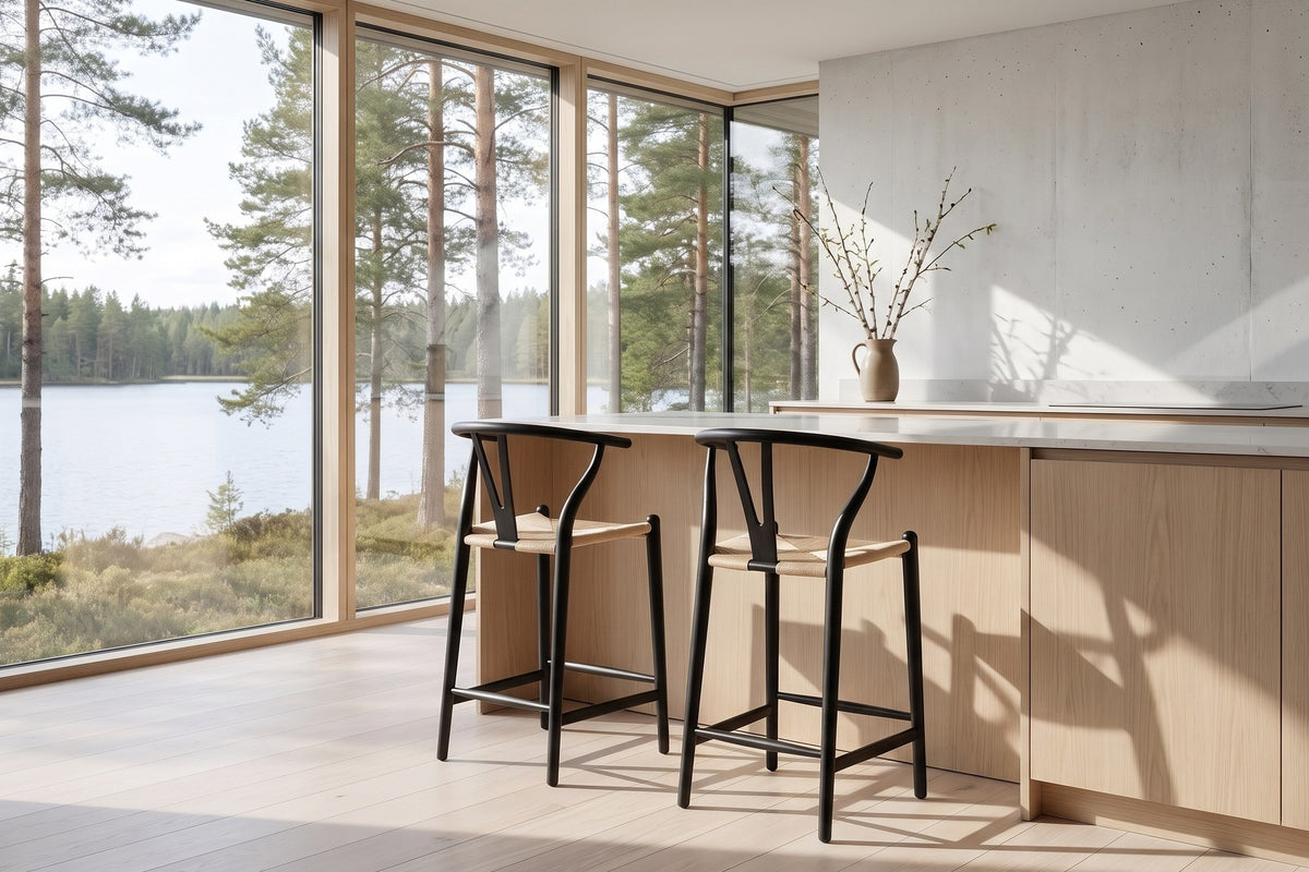Calopezzati Y-Back Black Ash and Paper Cord Counter Stool, 24.6-Inch Seat in a lake house