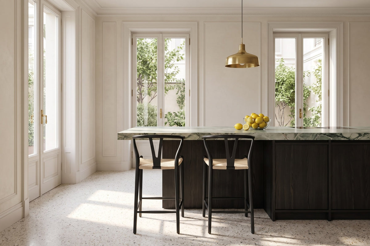 Calopezzati Y-Back Black Ash and Paper Cord Counter Stool, 24.6-Inch Seat in a Milan apartment