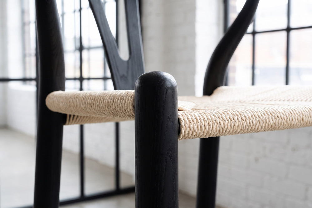 Close-up of the Calopezzati Y-Back Black Ash and Paper Cord Counter Stool, 24.6-Inch Seat: cord