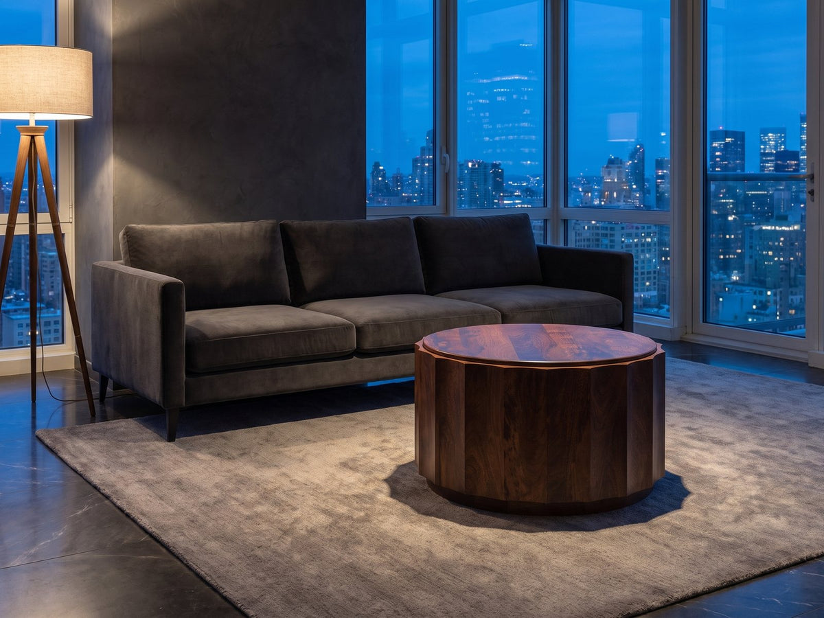 Camaiore Faceted Mango Drum Coffee Table on a wool rug in front of a velvet sofa in a city penthouse at blue hour