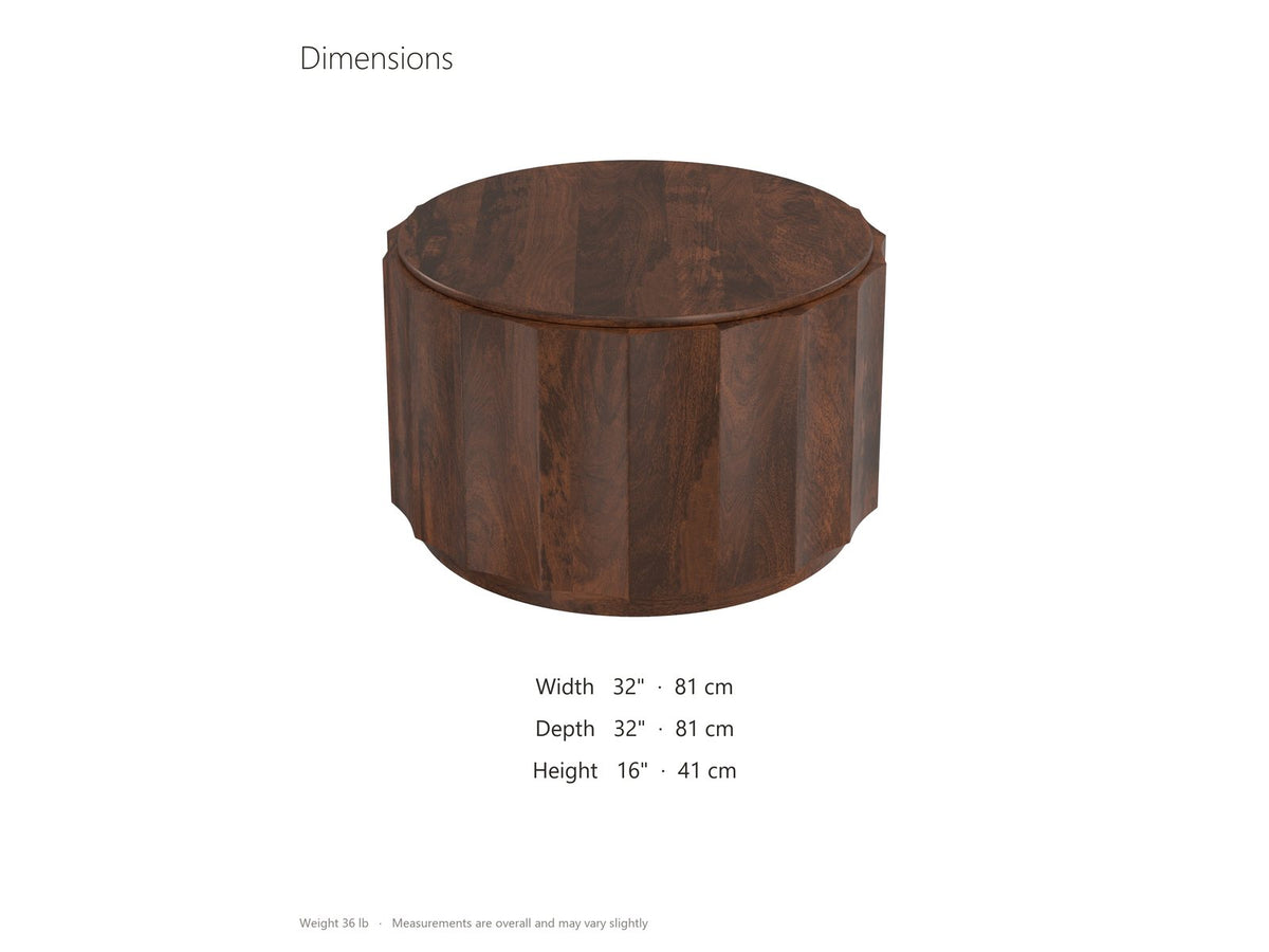 Camaiore Faceted Mango Drum Coffee Table dimensions: 32.0 in wide, 32.0 in deep, 16.0 in high