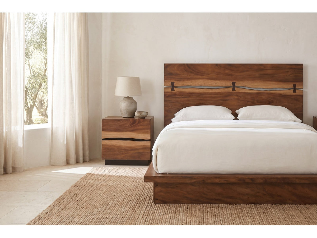 Camerino Smokey Walnut Bow-Tie Headboard Bedroom Set: nightstand beside the bed