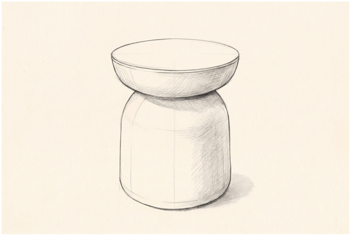 Pencil sketch of the Cammarata dish-top bell side table, three-quarter view