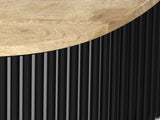 Close-up of the Camogli Mango and Black Metal Drum Coffee Table: the mango top edge over the round black metal tubes of the base