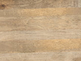 Close-up of the Camogli Mango and Black Metal Drum Coffee Table: the natural mango grain of the top