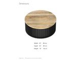 Camogli Mango and Black Metal Drum Coffee Table dimensions: 35.0 in wide, 35.0 in deep, 14.0 in high