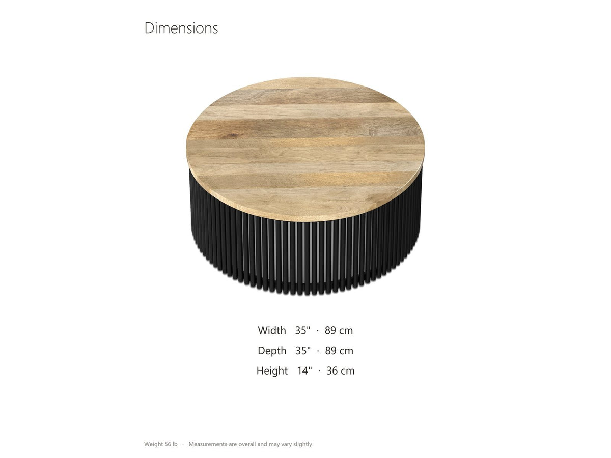 Camogli Mango and Black Metal Drum Coffee Table dimensions: 35.0 in wide, 35.0 in deep, 14.0 in high