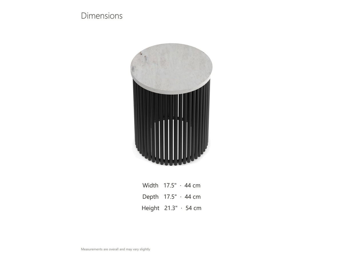 Camogli Marble and Black Metal Drum Side Table dimensions: 17.5 in wide, 17.5 in deep, 21.3 in high
