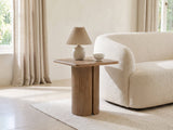 Campli Reclaimed Pine Split Pedestal Side Table with a lamp and a ceramic bowl beside a cream boucle sofa in a bright plaster room