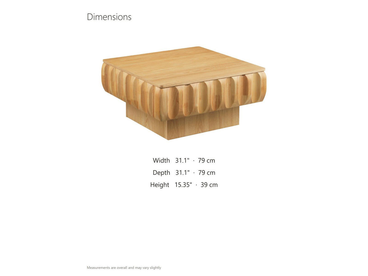 Canelli 31-Inch Square Scalloped Ash Veneer Lift-Top Coffee Table dimensions: 31.1 in wide, 31.1 in deep, 15.35 in high