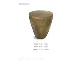 Capestrano Antique Brass Cast Aluminum Drum Side Table dimensions: 16.5 in wide, 16.5 in deep, 17.75 in high
