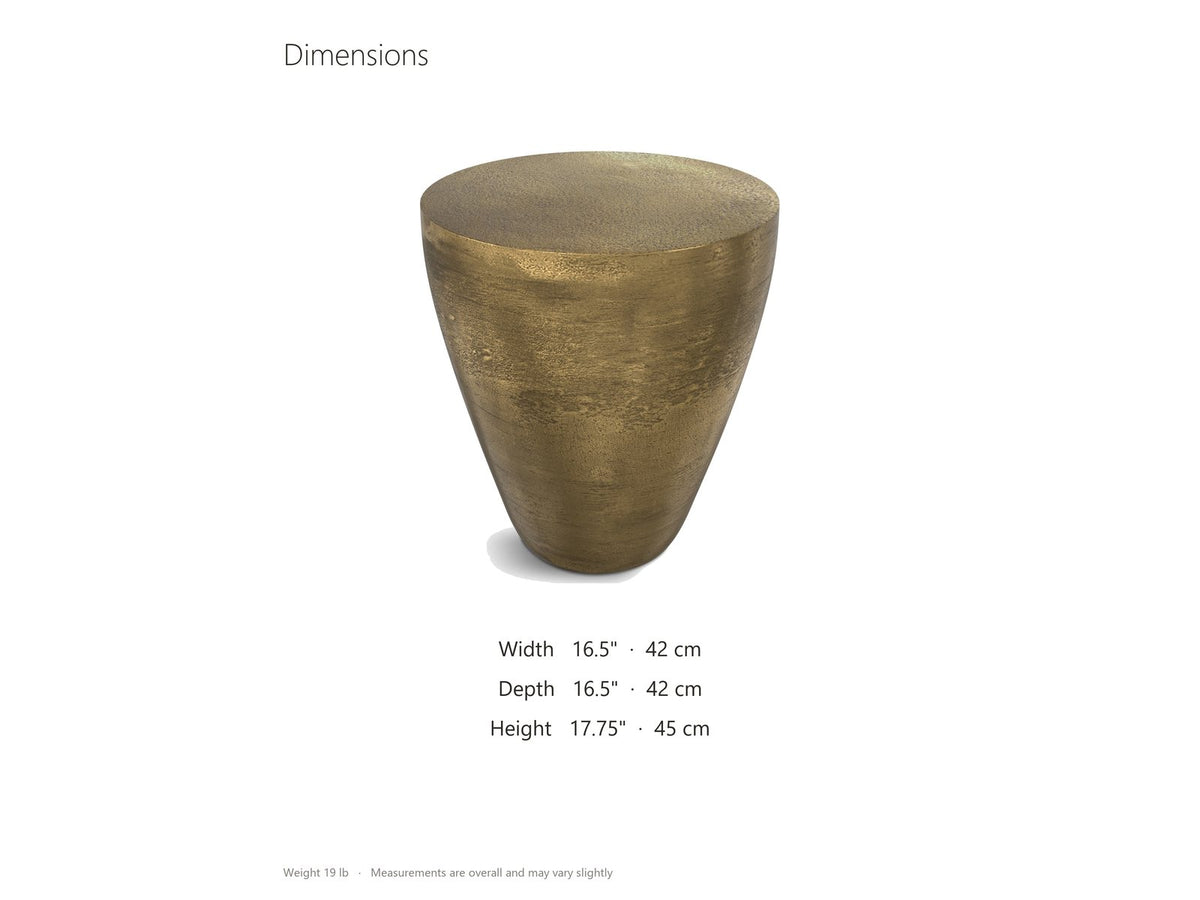 Capestrano Antique Brass Cast Aluminum Drum Side Table dimensions: 16.5 in wide, 16.5 in deep, 17.75 in high