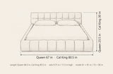 Capracotta bed dimensions: Queen 67 in wide, 86.5 in long, 23.5 in high with 9.75 in rails; California King 80.5 in wide, 90.5 in long, 30 in high with 11.5 in rails