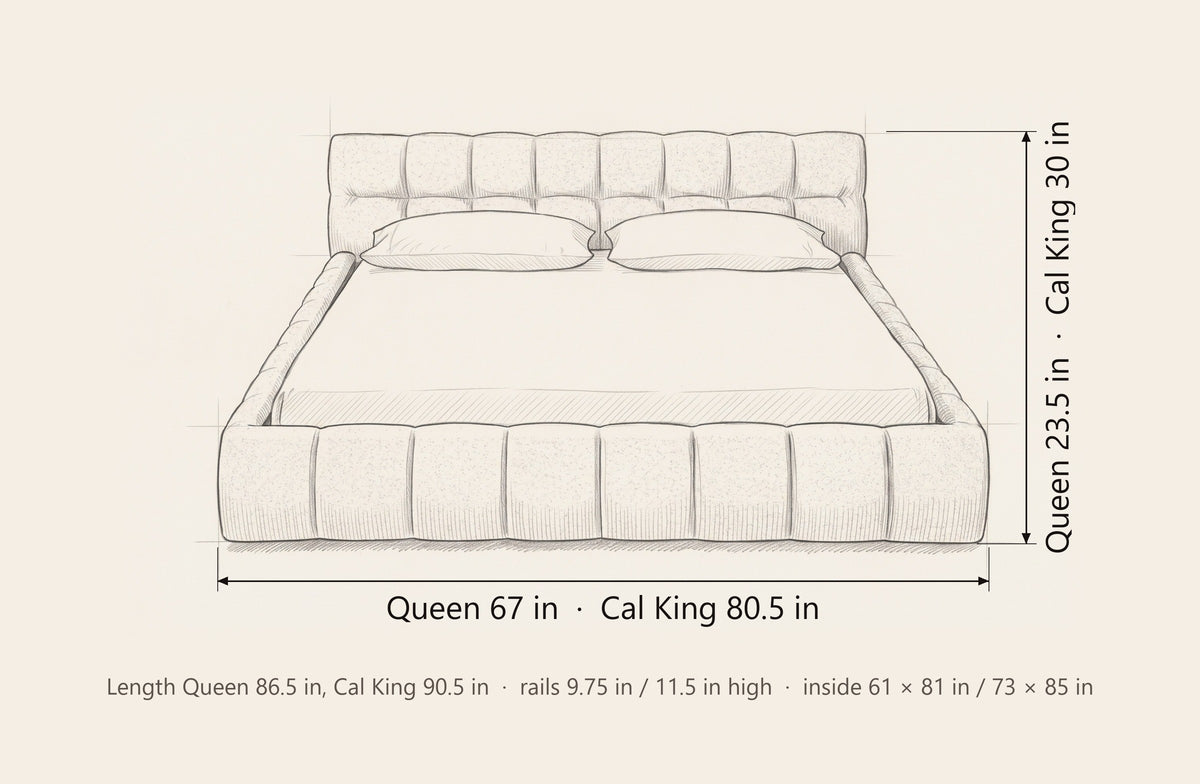 Capracotta bed dimensions: Queen 67 in wide, 86.5 in long, 23.5 in high with 9.75 in rails; California King 80.5 in wide, 90.5 in long, 30 in high with 11.5 in rails
