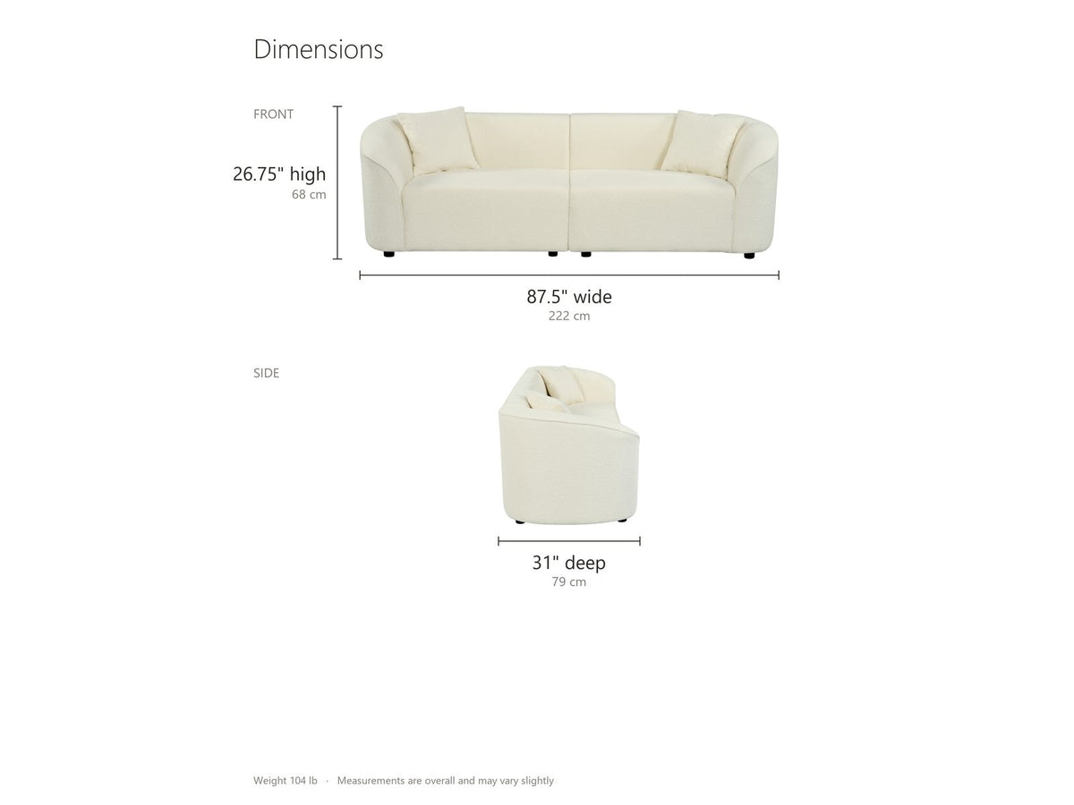 Capri Curved Boucle Sofa dimensions: 87.5 in wide, 31 in deep, 26.75 in high