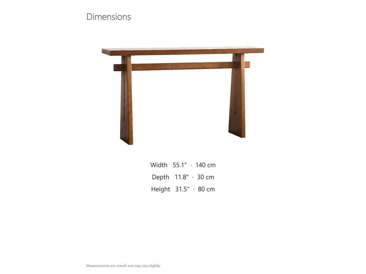 Capurso Wood Veneer Trestle Console Table dimensions: 55.1 in wide, 11.8 in deep, 31.5 in high