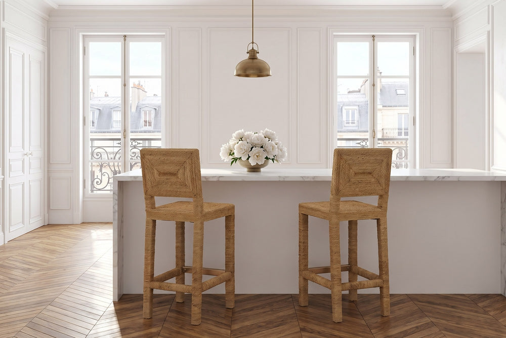 Cardeto Parsons Seagrass-Wrapped Counter Stool in a Paris salon
