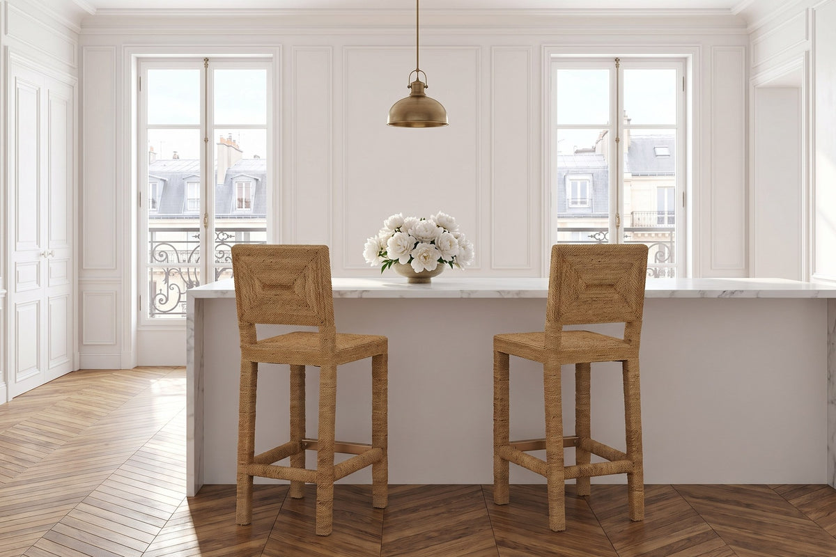 Cardeto Parsons Seagrass-Wrapped Counter Stool in a Paris salon
