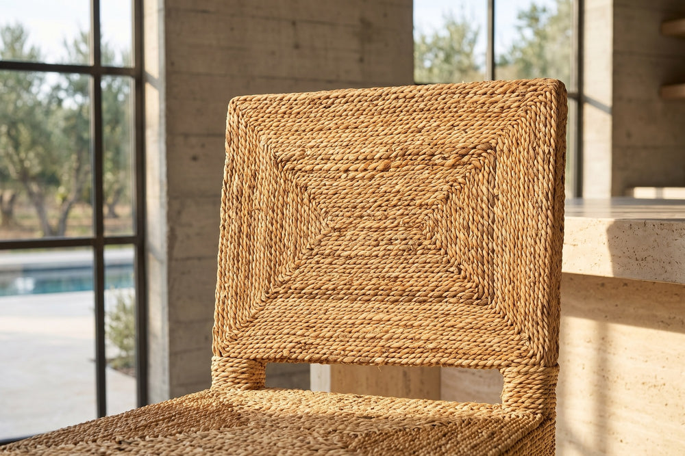 Close-up of the Cardeto Parsons Seagrass-Wrapped Counter Stool: wrap