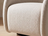 Close-up of the rolled arm and walnut-finished swivel base