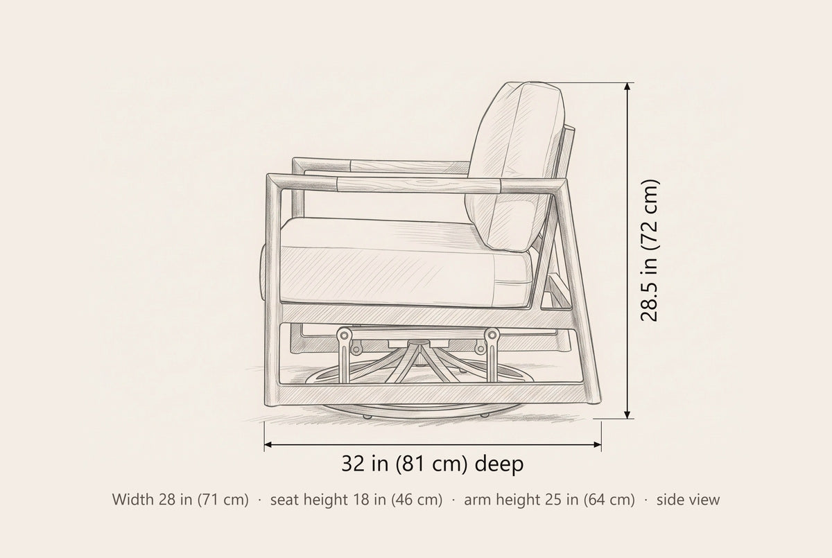Carini swivel glider lounge chair dimensions, side view: 32 in deep, 28.5 in high; 28 in wide, seat height 18 in, arm height 25 in