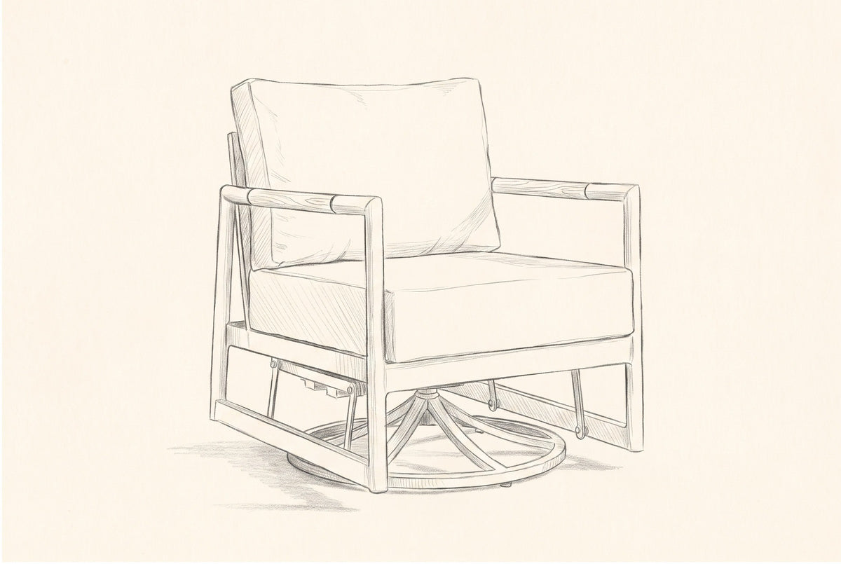 Pencil sketch of the Carini swivel glider lounge chair, drawn from the same three-quarter view