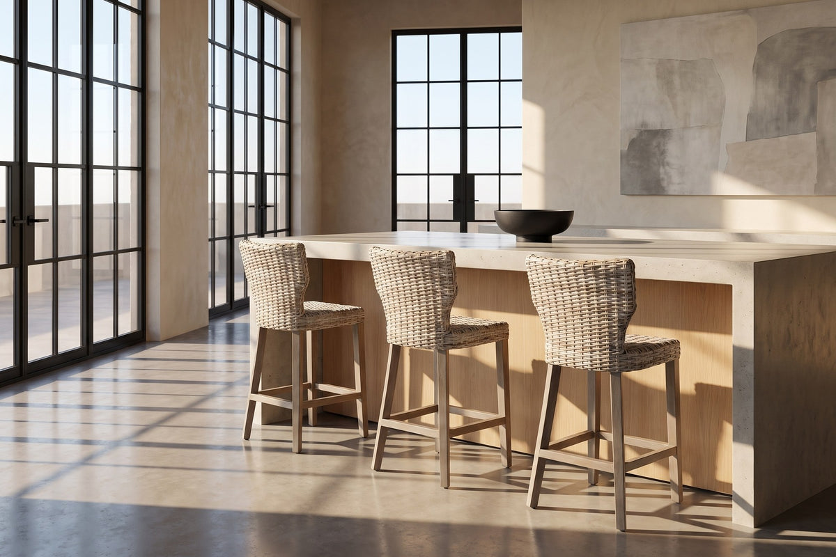 Carlopoli Wing-Back Grey Kubu Rattan Counter Stool in a city loft