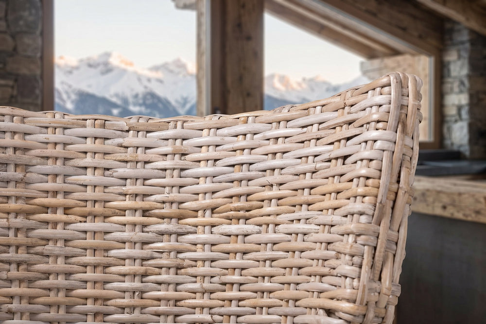 Close-up of the Carlopoli Wing-Back Grey Kubu Rattan Counter Stool: wing