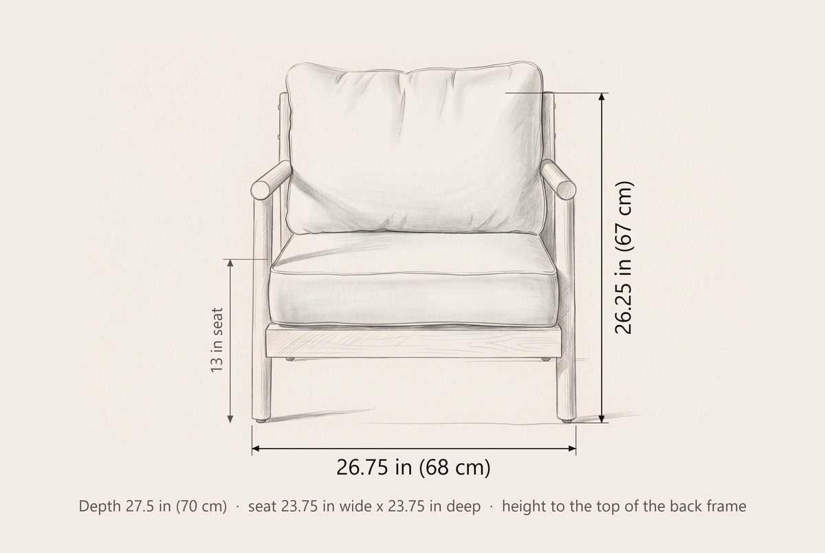 Caronia club chair dimensions: 26.75 in wide, 26.25 in high to the top of the back frame, seat height 13 in