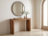 Carosino Solid Sheesham Waterfall Console Table under a round mirror in a travertine entryway