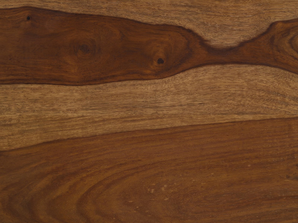 Close-up of the Carosino Solid Sheesham Waterfall Console Table: the streaked, swirling grain of the solid sheesham top