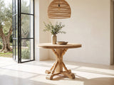 Casabona 42-Inch Round Fir Baluster Pedestal Dining Table in a sunlit villa dining area with olive trees outside
