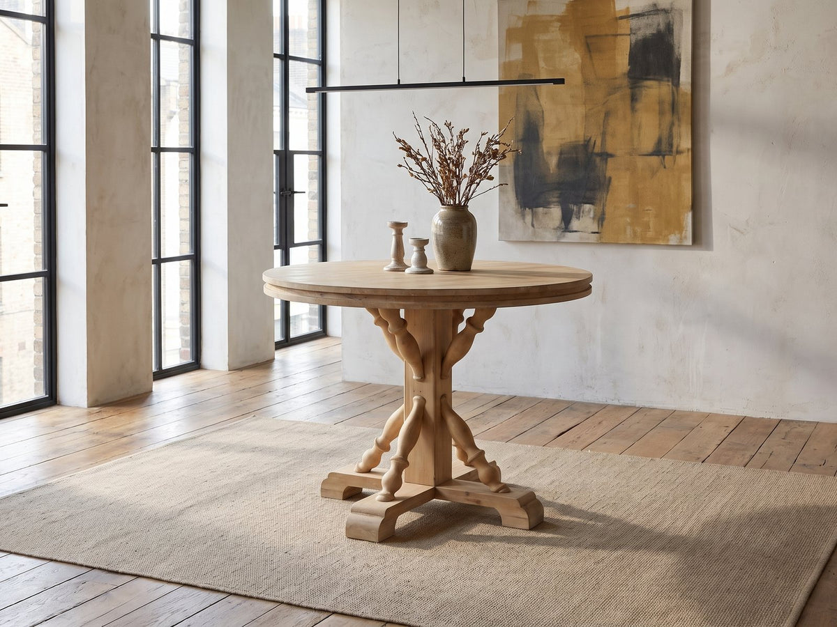 Casabona 42-Inch Round Fir Baluster Pedestal Dining Table in an industrial loft dining area