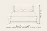 Casacalenda bed dimensions: Queen 70.5 in wide, King 87 in wide, both 88 in long and 37.5 in high, footboard 15.4 in high