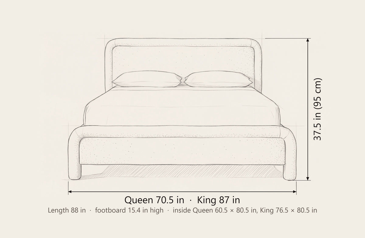 Casacalenda bed dimensions: Queen 70.5 in wide, King 87 in wide, both 88 in long and 37.5 in high, footboard 15.4 in high